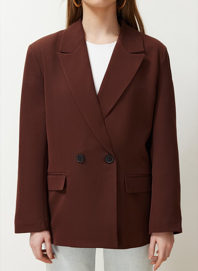 trendyol Brown Oversize Straight Cut Basic Double Breasted Woven Blazer Jacket - Image 4