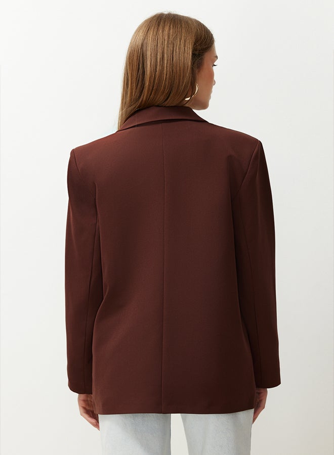 trendyol Brown Oversize Straight Cut Basic Double Breasted Woven Blazer Jacket - Image 5