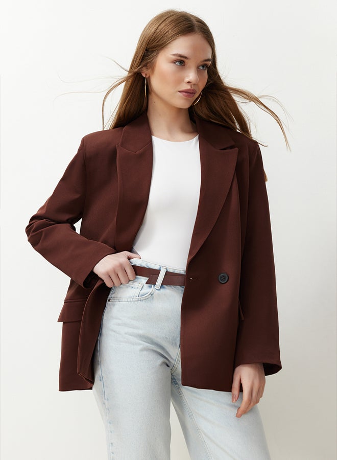 trendyol Brown Oversize Straight Cut Basic Double Breasted Woven Blazer Jacket - Image 1