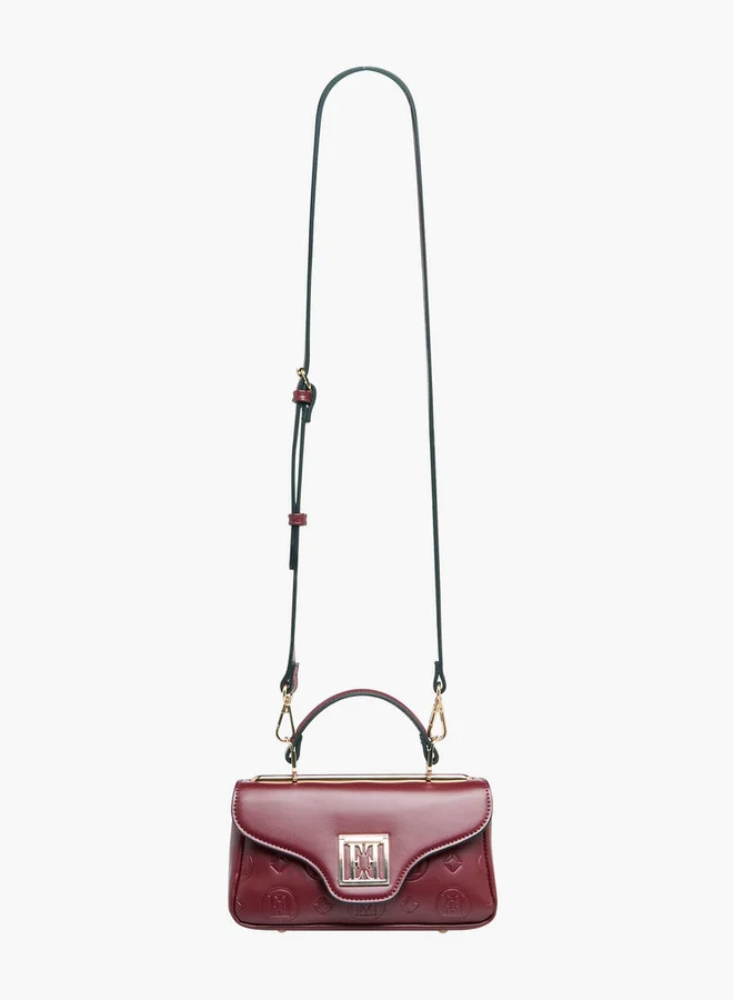 ELLE Monogram Embossed Satchel Bag with Detachable Strap and Flap Closure