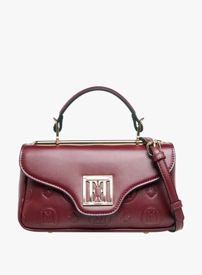 ELLE Monogram Embossed Satchel Bag with Detachable Strap and Flap Closure