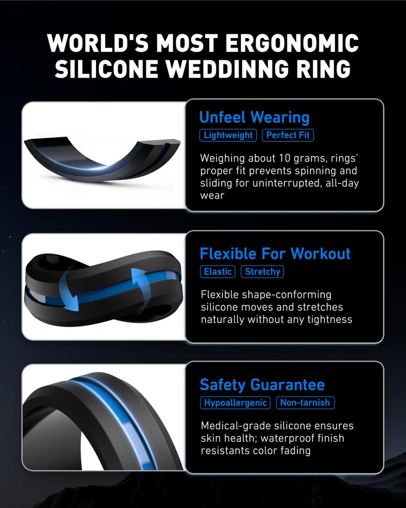 Egnaro Men's Silicone Wedding Rings - 8.2mm x 2.6mm, Middle Engraved Rubber Engagement Bands, 1/4/6 Multipack For Workout - Image 5