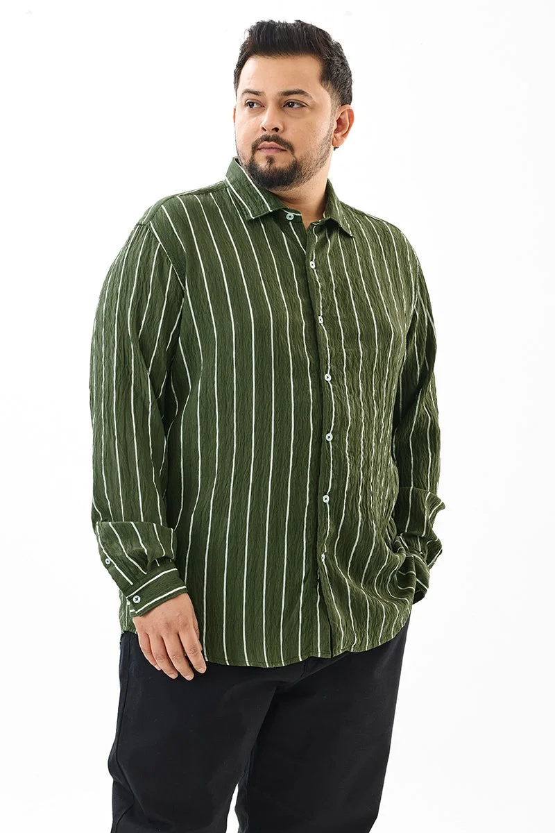 SNITCH Regular Fit Stripes Olive Plus Size Shirt