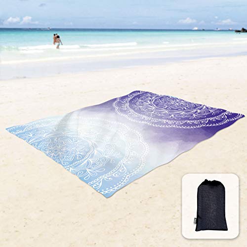 Sunlit Silky Soft 85"x72" Boho Sand Proof Beach Blanket Sand Proof Mat with Corner Pockets and Mesh Bag for Beach Party, Travel, Camping and Outdoor Music Festival, Blue Purple Mandala - Image 1