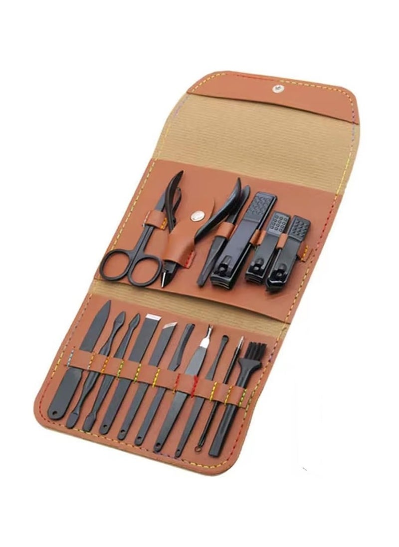 NQOOH - Professional Personal Care Manicure and Pedicure Set 16 Piece Stainless Steel Grooming Kit with Leather Case in Brown Colour - Image 1