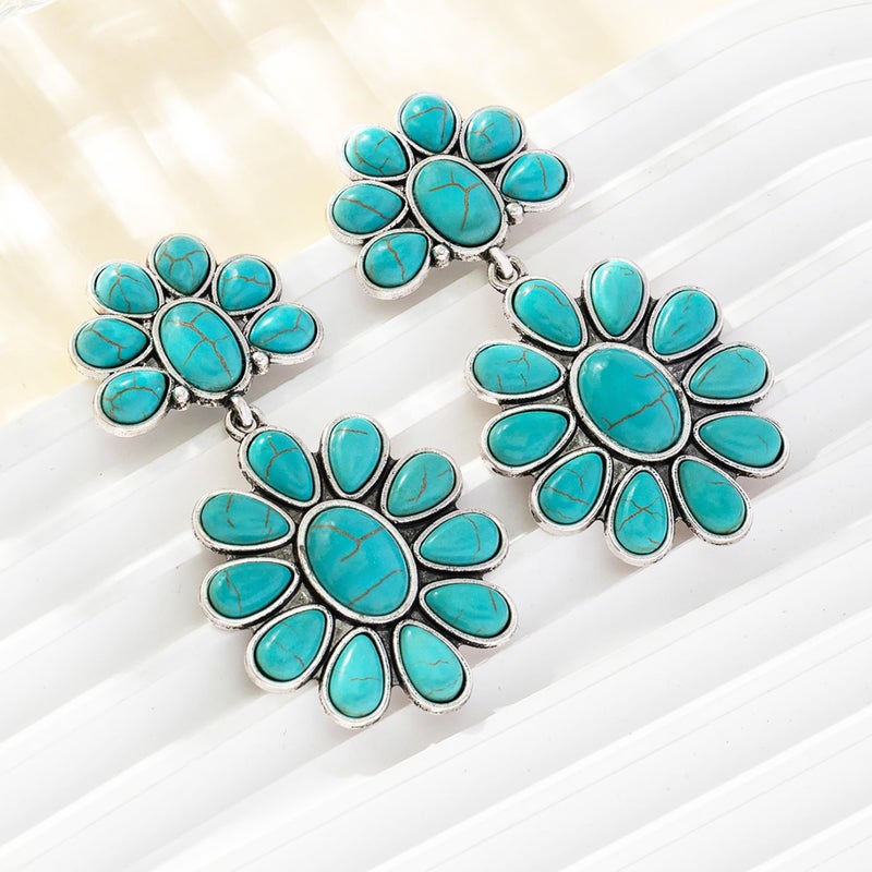 JMScape 4 PCS Western Turquoise Jewelry for Women Boho Vintage Navajo Pearl Necklace Earring Bracelet Ring Set Country Cowgirl Accessories for Gift (A-Blue) - Image 4