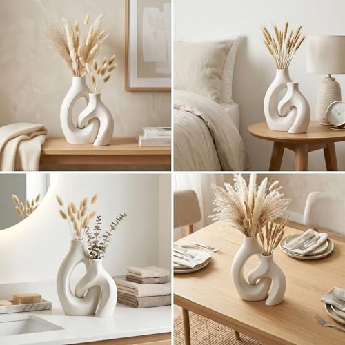 EDELHAUS White Ceramic Vase Set of 2, Hollow Oval Flower Vases for Decor, Handmade Nordic Minimalist Ceramic Vase for Pampas Grass, Living Room, Farmhouse & Boho Home Decor, Housewarming Gifts - Image 5
