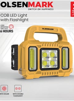 Olsenmark COB LED Light With Flashlight OME2853 Dual Bulb Design, 6 Hours Operating Time, with Solar Charging Option, USB Charging, Double Flashlight, Suitable for  Indoor and Outdoor Use, 1800mAh Lithium  Battery, Multi-Functional, Yellow Color, 2 Years Warranty