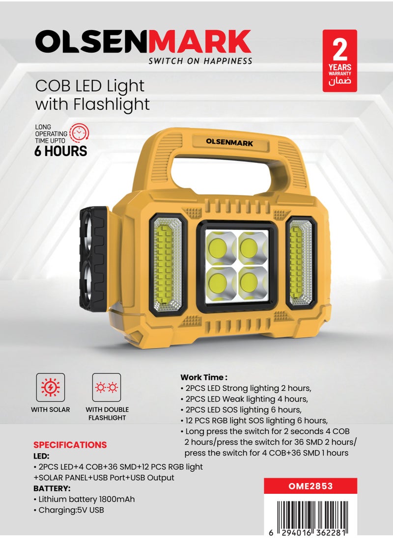 Olsenmark - Olsenmark COB LED Light With Flashlight OME2853 Dual Bulb Design, 6 Hours Operating Time, with Solar Charging Option, USB Charging, Double Flashlight, Suitable for  Indoor and Outdoor Use, 1800mAh Lithium  Battery, Multi-Functional, Yellow Color, 2 Years Warranty - Image 1