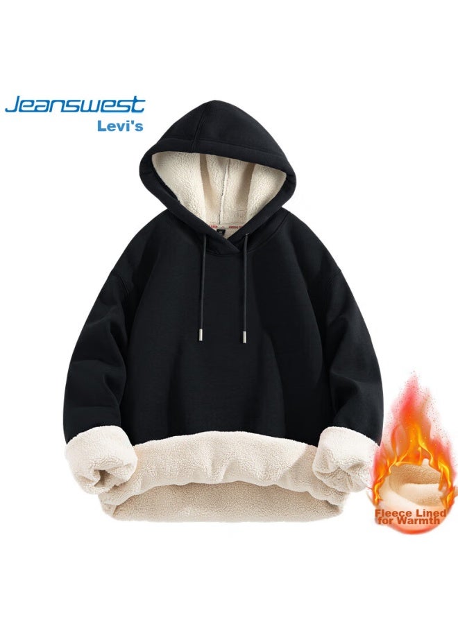 Jeanswest Men's Fleece-lined Hoodie, Autumn And Winter Thickened Lambswool, Hooded Trendy Warm Jacket, Black Fleece-lined, 2xl