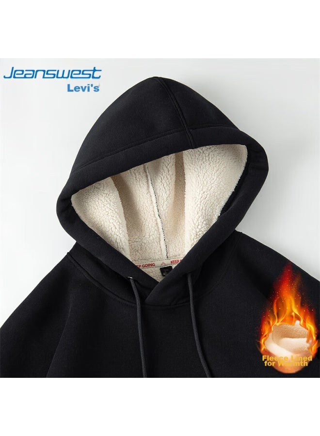 Jeanswest Men's Fleece-lined Hoodie, Autumn And Winter Thickened Lambswool, Hooded Trendy Warm Jacket, Black Fleece-lined, 2xl