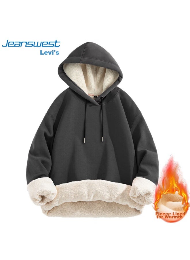 Jeanswest Men's Fleece-lined Hoodie, Autumn And Winter Thickened Lambswool, Hooded Trendy Warm Jacket, Black Fleece-lined, 2xl