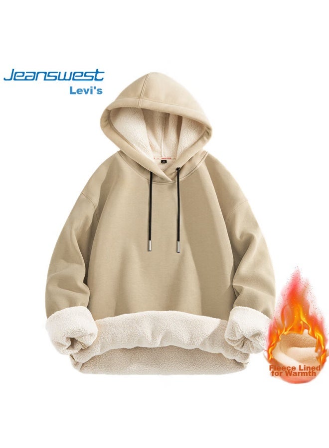 Jeanswest Men's Fleece-lined Hoodie, Autumn And Winter Thickened Lambswool, Hooded Trendy Warm Jacket, Black Fleece-lined, 2xl