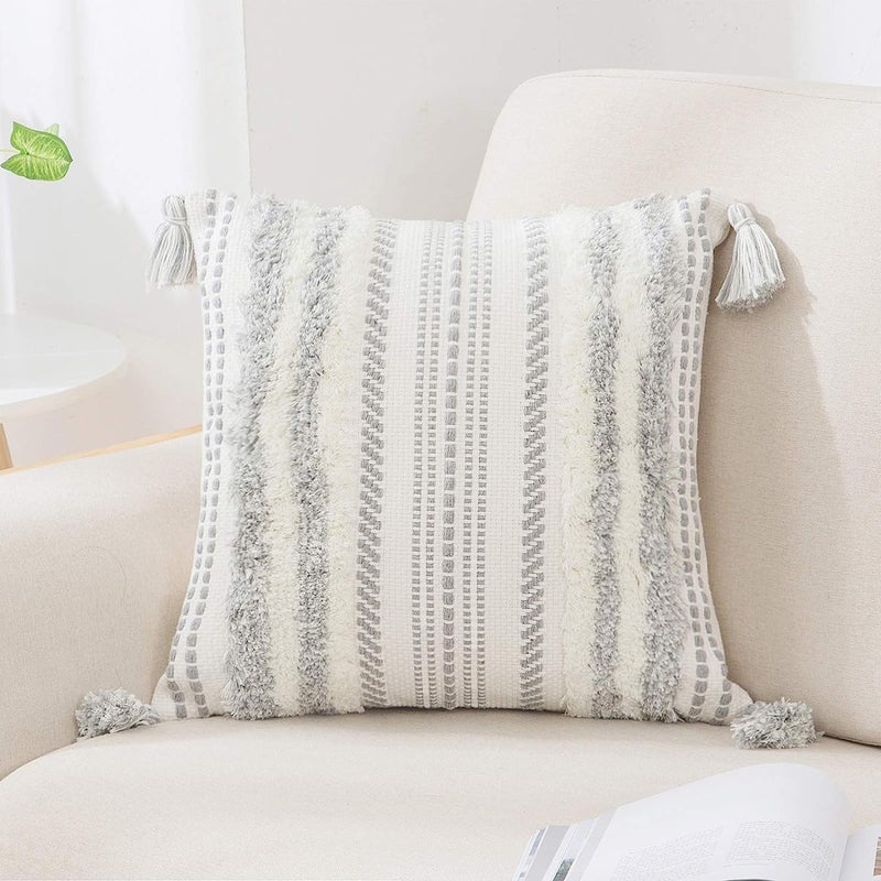 decorUhome decorUhome Decorative Boho Throw Pillow Covers 20x20  Accent Neutral Tufted Pillow Covers for Couch Bed Sofa  Textured Striped Woven Pillow Covers  Grey and Cream White  Pack of 1 - Image 1