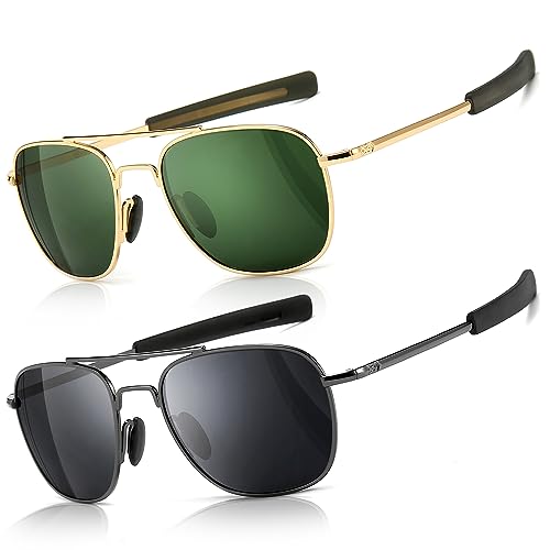 SUNGAIT Men's Military Style Polarized Pilot Aviator Sunglasses - Bayonet Temples (Gold/Dark Green + Gunmetal/Gray) SGT285JKML-QKH - Image 1