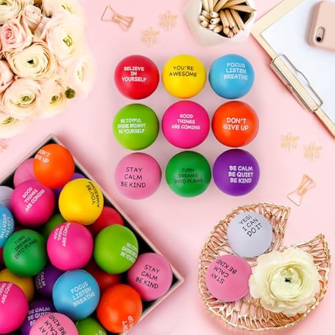 SHQDD 100 PCS Motivational Stress Balls for Adults and Kids - Stress Balls Bulk Soft Sponge Squeeze Toys with Inspirational Quotes | Office Classroom Stress Relief Gifts | Anxiety Relief Fidget Toys - Image 2