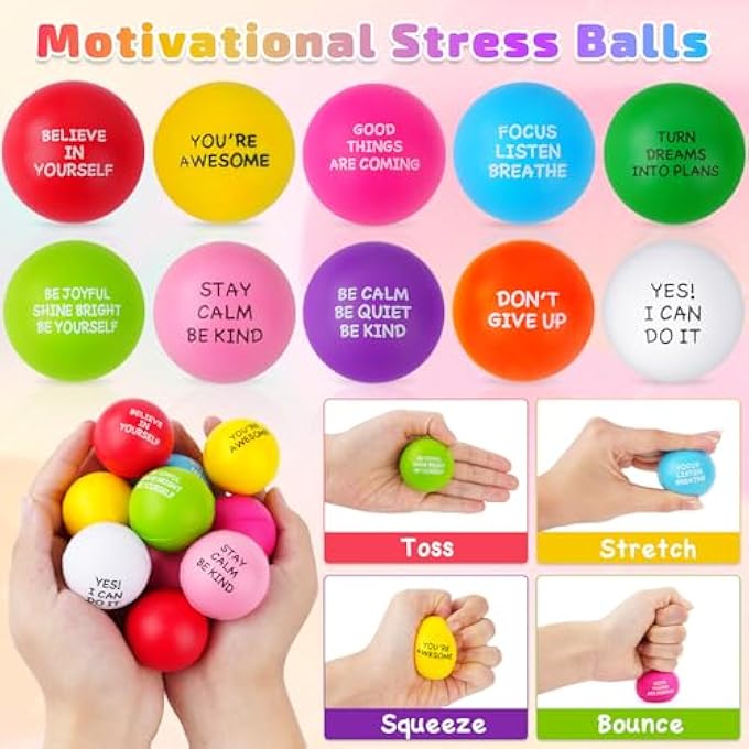 SHQDD 100 PCS Motivational Stress Balls for Adults and Kids - Stress Balls Bulk Soft Sponge Squeeze Toys with Inspirational Quotes | Office Classroom Stress Relief Gifts | Anxiety Relief Fidget Toys - Image 4