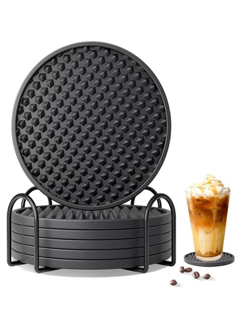 Relex Drink Coasters Set of 6, Silicone Coasters for Drinks with Holder, Cup Mat for Drinks Non-Slip Non-Stick, for Any Table Type Furniture from Damage, Coasters for Fits Any Size of Cup (Black Coasters) - Image 1