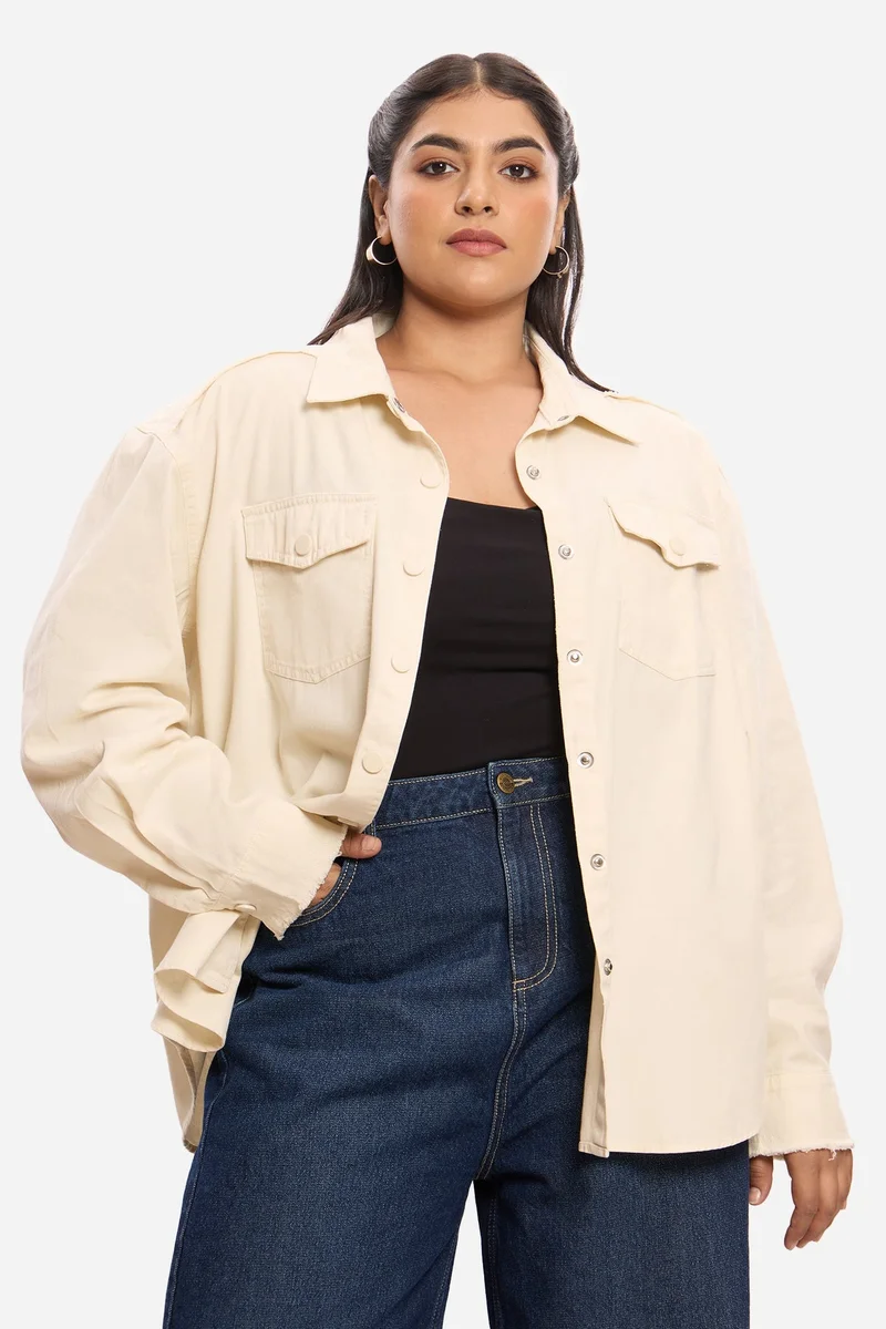 فيرجيو Solid Cotton Washed Utility Plus Size Shirt for Women