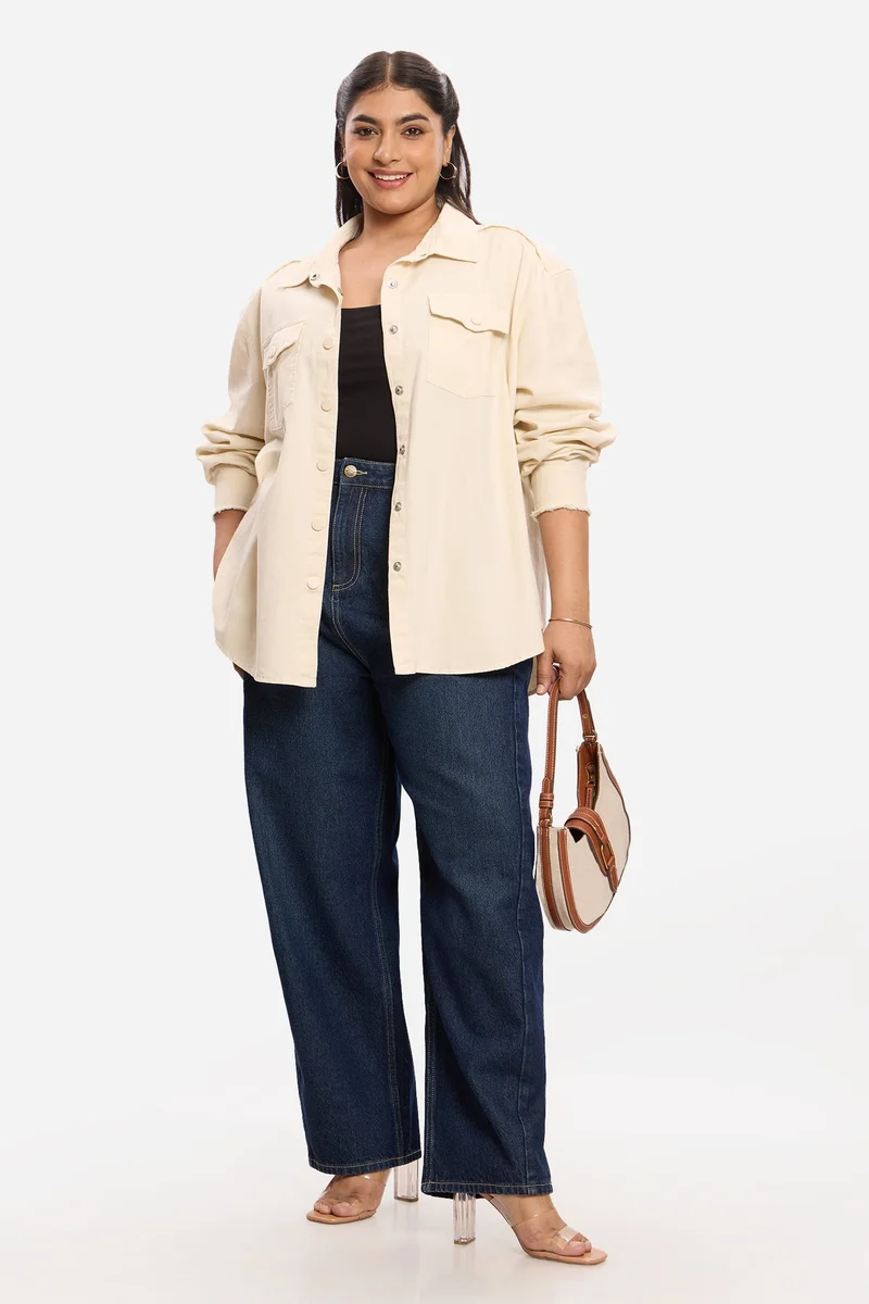 فيرجيو Solid Cotton Washed Utility Plus Size Shirt for Women