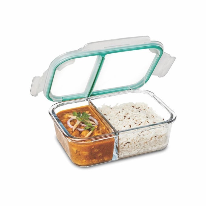 SLIM HIGH MICROWAVE SAFE OFFICE 2 COMPARTMENT LUNCH BOX SET BOROSILICATE GLASS SAFETY LOCK AIRTIGHT TIFFIN CONTAINERS DIVIDED GLASS LUNCH BOX WITH LEAK PROOF AIRTIGHT LID TRANSPARENT