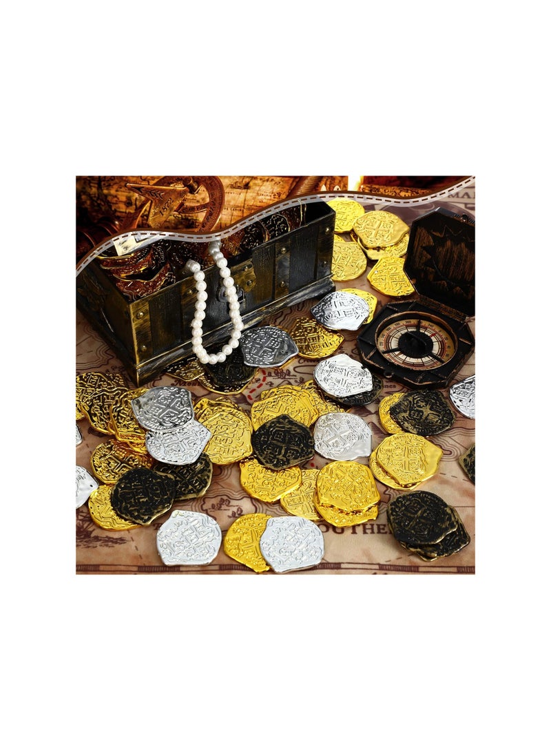 SOLARAE 300 Pcs Pirate Gold Coins, Plastic Doubloon Bulk Kids Fake Play, For Party Treasure Chest Games Tokens Toys, Box Filler, Party Bag Stuffers Or Stage Performance Props, Gold, Silver, Bronze (Irregular) - Image 2