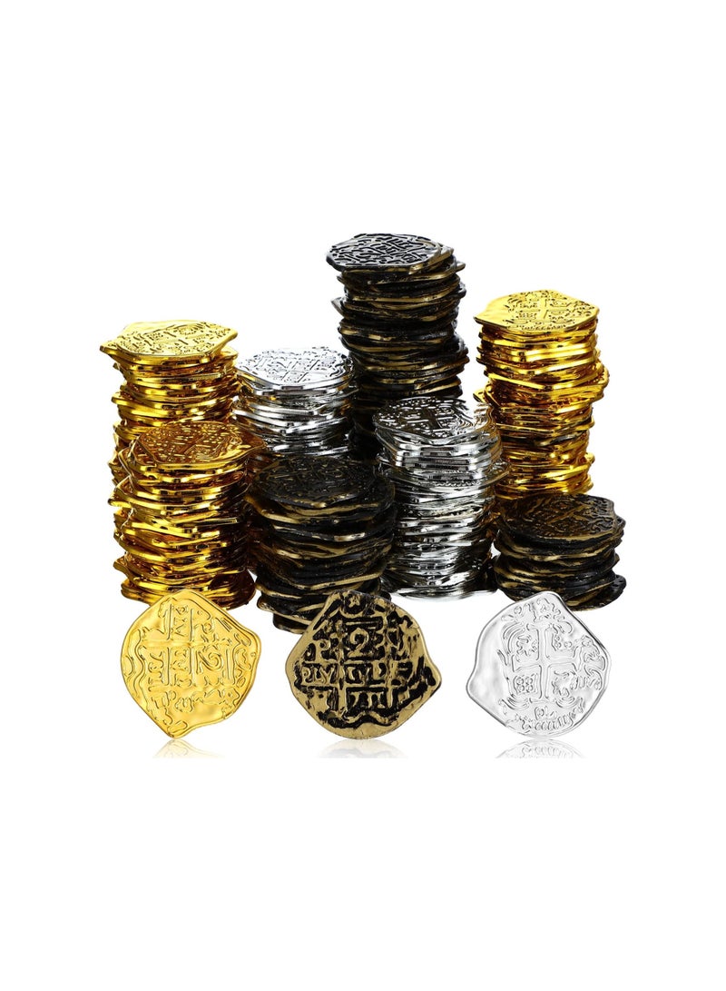 SOLARAE 300 Pcs Pirate Gold Coins, Plastic Doubloon Bulk Kids Fake Play, For Party Treasure Chest Games Tokens Toys, Box Filler, Party Bag Stuffers Or Stage Performance Props, Gold, Silver, Bronze (Irregular) - Image 1