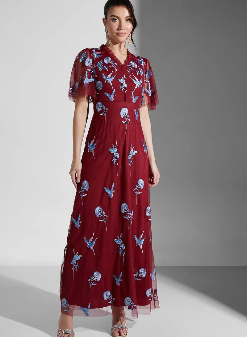 sachin and babi light blue dress Frock and Frill Embroidered Maxi Dress with Sheer Mesh Sleeves for Women