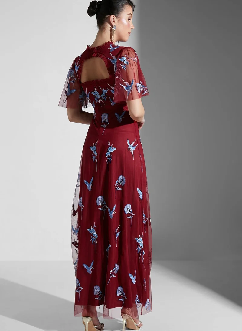 Frock and Frill Embroidered Maxi Dress with Sheer Mesh Sleeves for Women |  Best Price Qatar