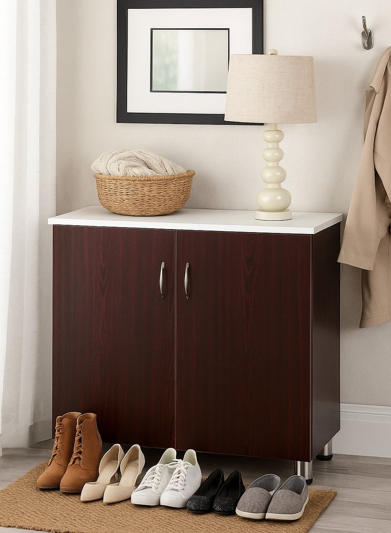 AFT Modern Two-tone Shoe Cabinet Rack With 2 Doors - Durable Mdf Design. Elegant Mdf Shoe Cabinet: Dual Doors And Organized Shelves. Mdf Shoe Cabinet With 2 Doors - Stylish Storage Solution. Perfect For Any Entryway, Living Room, Dining Room Or Bedrooms Space-saving Design, Organize Your Footwear Effortlessly White Frame/ Mahogany Door Arfan - Image 1