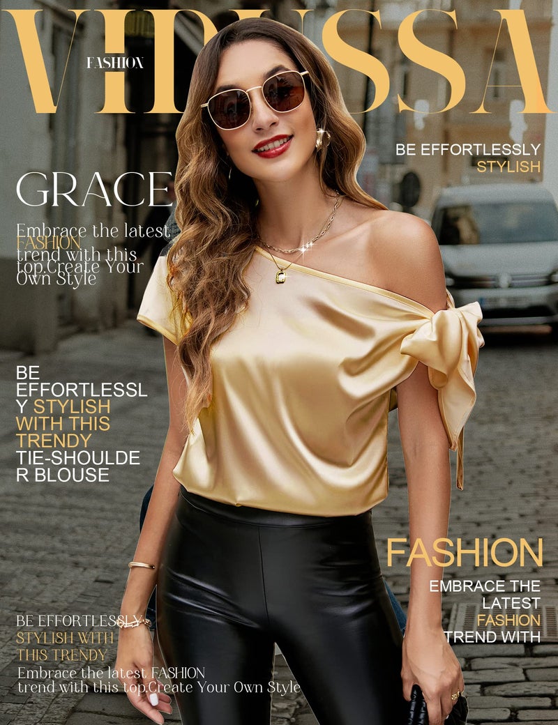VIDUSSA Women's Off Shoulder Silk Tops Casual Short Sleeve Asymmetrical Neck Satin Blouse Shirts Gold L - Image 2