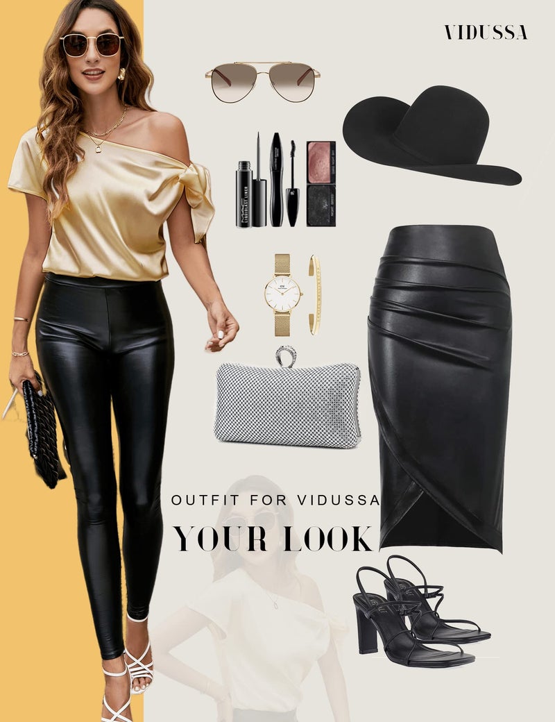 VIDUSSA Women's Off Shoulder Silk Tops Casual Short Sleeve Asymmetrical Neck Satin Blouse Shirts Gold L - Image 4