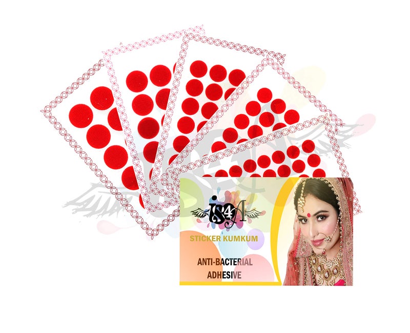 IS4A 447 Multicolored Bollywood Forehead Stickers Adhesive Body Jewelry 9 Cards of Different Sized Tattoo Velvet Bindi Round Dot (RED) - Image 2
