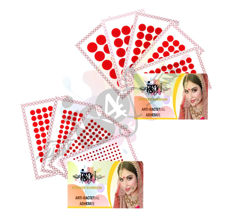 IS4A 447 Multicolored Bollywood Forehead Stickers Adhesive Body Jewelry 9 Cards of Different Sized Tattoo Velvet Bindi Round Dot (RED) - Image 1