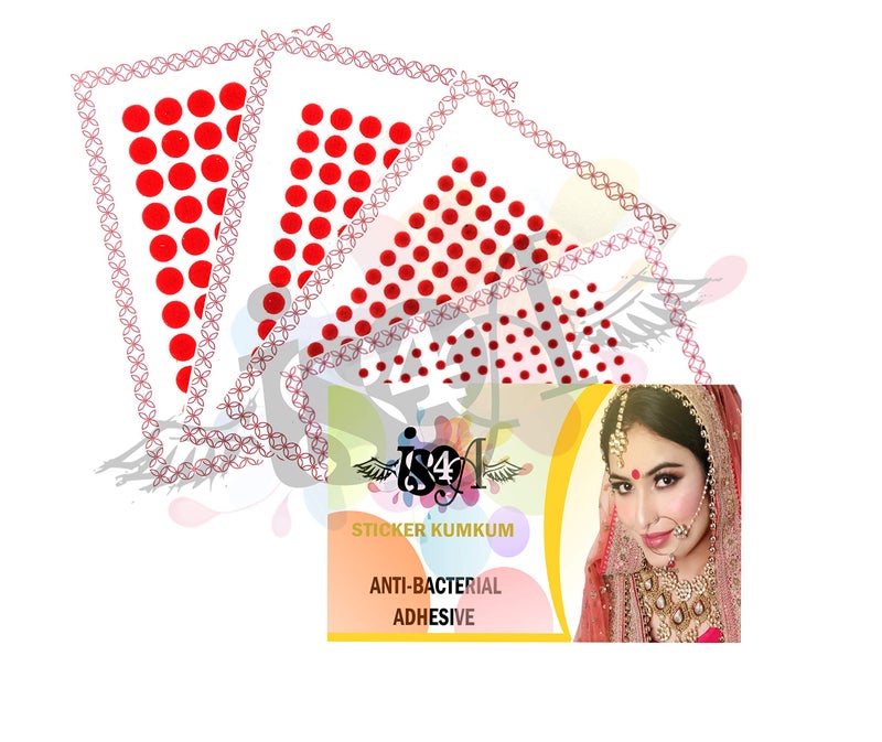 IS4A 447 Multicolored Bollywood Forehead Stickers Adhesive Body Jewelry 9 Cards of Different Sized Tattoo Velvet Bindi Round Dot (RED) - Image 3