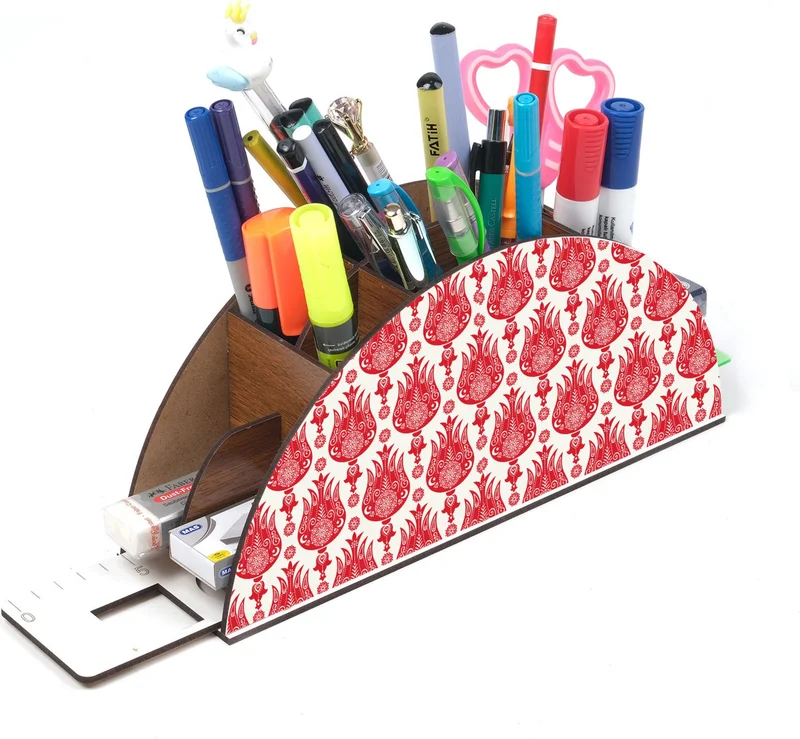 Notpa Wooden Tulip Patterned Rainbow Ruled Desktop Pencil Holder Box Organizer for Kids GK38