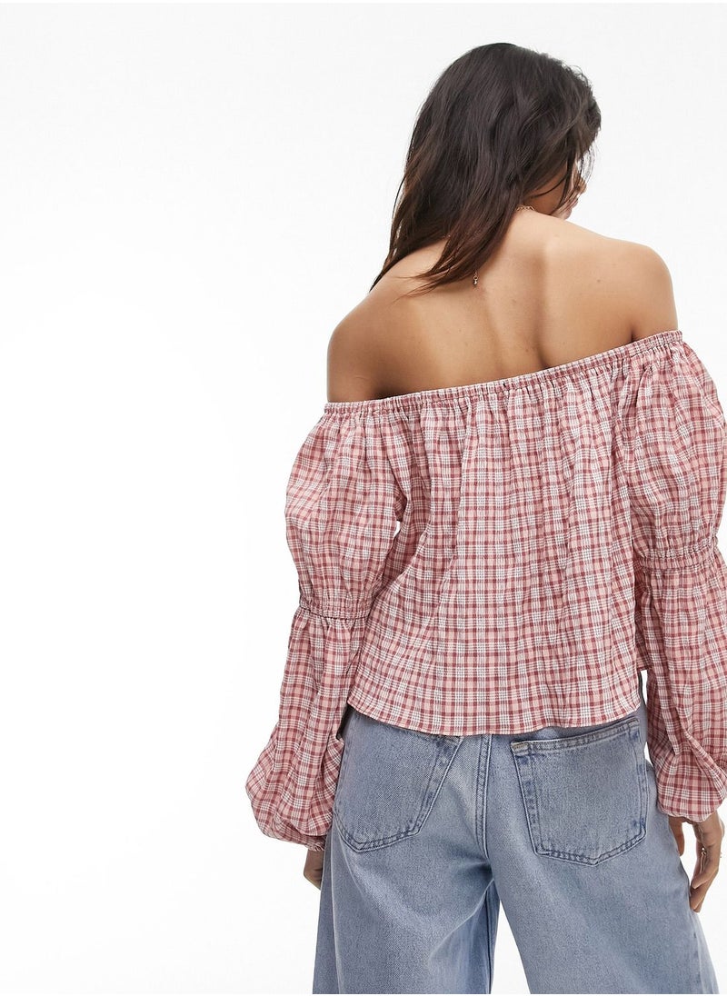 TOPSHOP Checked Bardot Crop Top  - Image 2