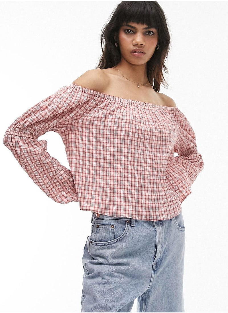 TOPSHOP Checked Bardot Crop Top  - Image 1