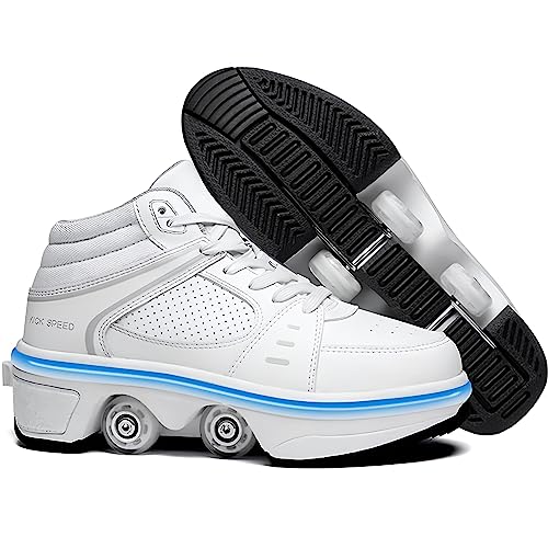 Pairobin 2-in-1 Roller Skates Shoes with Retractable 4 Wheels & Pop-Out Deformation Sneakers Outdoor Sports Skating Shoes for Girls Boys, High-top White, 7 - Image 1