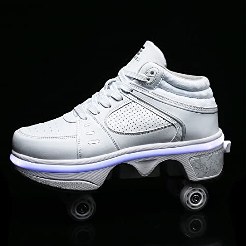 Pairobin 2-in-1 Roller Skates Shoes with Retractable 4 Wheels & Pop-Out Deformation Sneakers Outdoor Sports Skating Shoes for Girls Boys, High-top White, 7 - Image 4