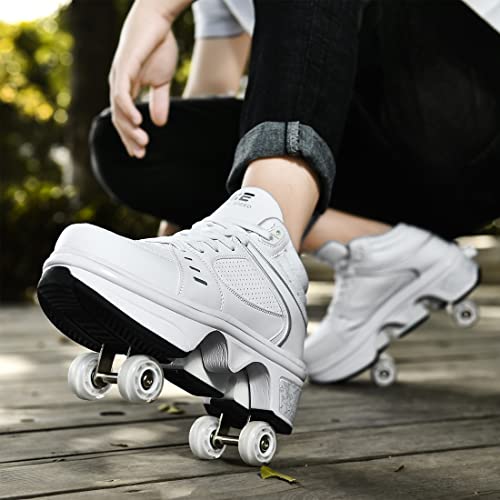 Pairobin 2-in-1 Roller Skates Shoes with Retractable 4 Wheels & Pop-Out Deformation Sneakers Outdoor Sports Skating Shoes for Girls Boys, High-top White, 7 - Image 2