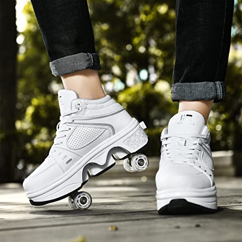Pairobin 2-in-1 Roller Skates Shoes with Retractable 4 Wheels & Pop-Out Deformation Sneakers Outdoor Sports Skating Shoes for Girls Boys, High-top White, 7 - Image 3