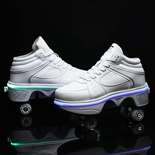 Pairobin 2-in-1 Roller Skates Shoes with Retractable 4 Wheels & Pop-Out Deformation Sneakers Outdoor Sports Skating Shoes for Girls Boys, High-top White, 7 - Image 5