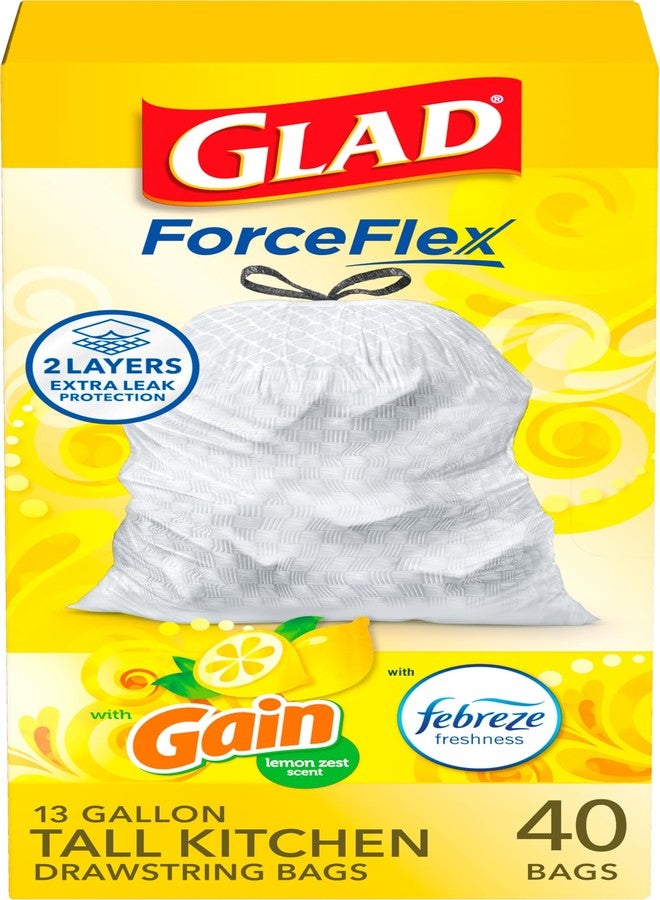 Glad ForceFlex Tall Kitchen Drawstring Trash Bags, 13 Gal, Gain Lemon Zest, 40 Ct (Package May Vary) - Image 1