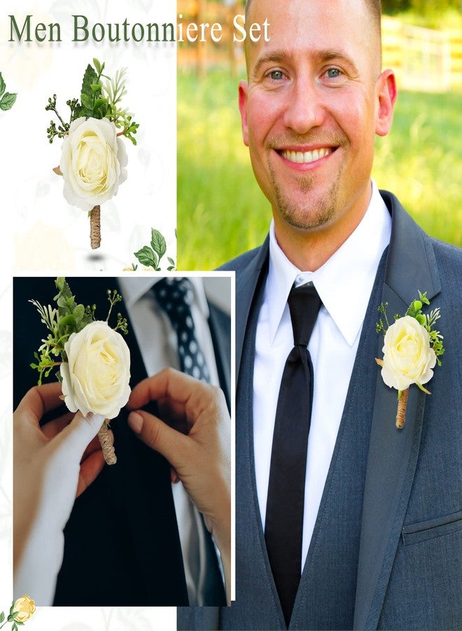 Sherr 36 Pcs Wedding Rose Boutonnieres for Men Wedding Groomsmen Artificial Corsage Groom Boutonniere Artificial Faux Flower for Prom Ceremony Party Rustic Marriage(White) - Image 3