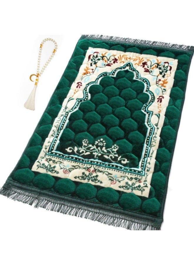 Premium Velvet Prayer Mat Set: Large Size Thick Memory Foam with Anti-Slip Bottom, with 33-Bead Tasbih & Storage Pouch, Traditional Arch Design for Muslim Prayers, Portable Janamaz for Home/Travel, Ideal Gift for Men, Women, Family & Friends  - Image 1