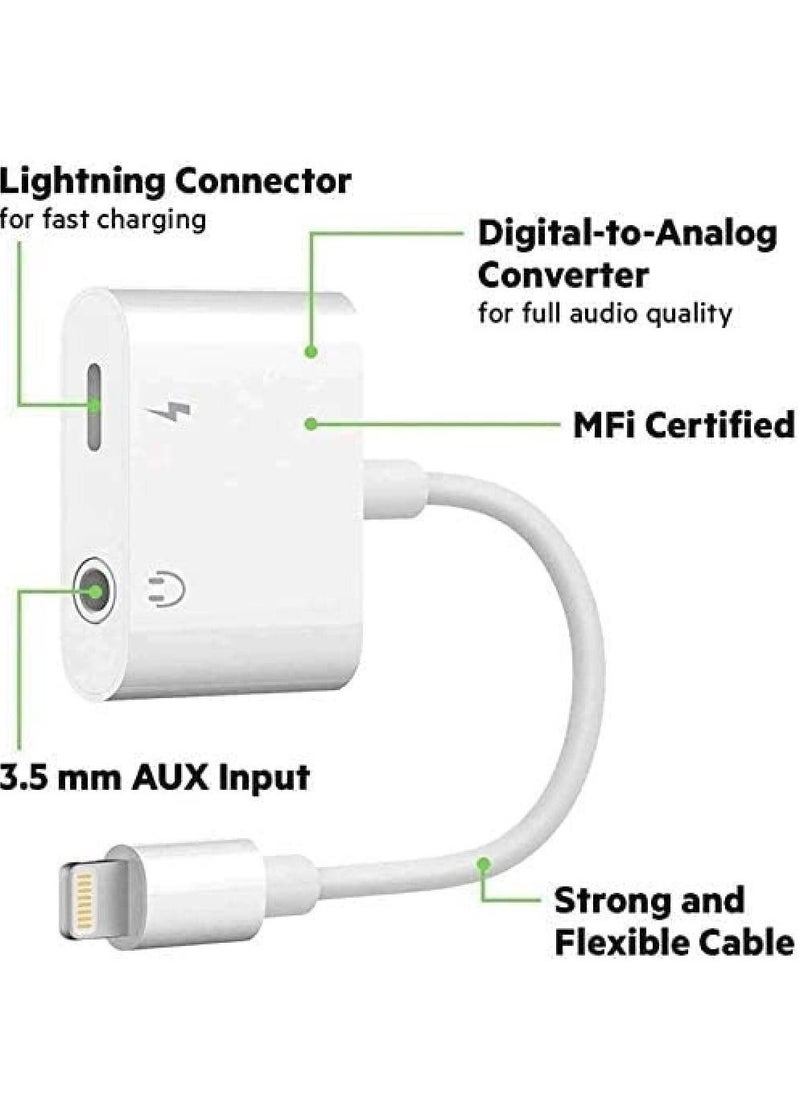 For iPhone Headphones Adapter & Splitter, 2 in 1 Dual Lightning Charger Cable Aux Audio Adapter Converter for iPhone 12/11/XS/XR/X/8/7/6/iPad, Support Calling+Charging+Music Control