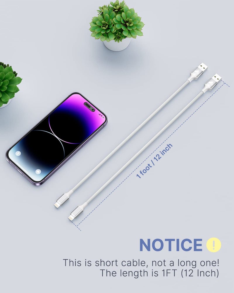 Aioneus Short iPhone Charger Cord 1ft 2Pack, Apple Certified USB A to Lightning Cable 1 Foot Nylon Braided Short iPhone Cable Fast Charging for iPhone 14 13 12 11 Pro Max XR XS 8 7 6 Plus SE - Image 3