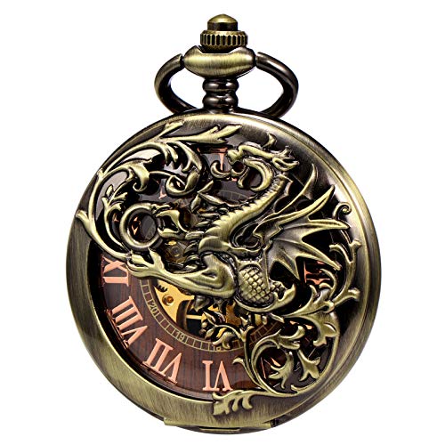 TREEWETO Mens Antique Dragon Mechanical Skeleton Pocket Watch Wooden Roman Numerals Dial Bronze Double Case Pocket Watches for Men - Image 1