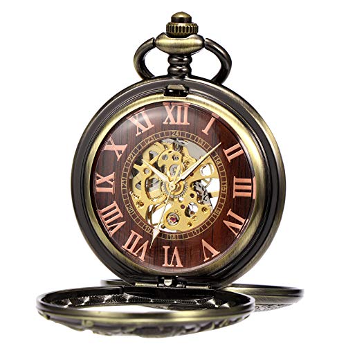 TREEWETO Mens Antique Dragon Mechanical Skeleton Pocket Watch Wooden Roman Numerals Dial Bronze Double Case Pocket Watches for Men - Image 2